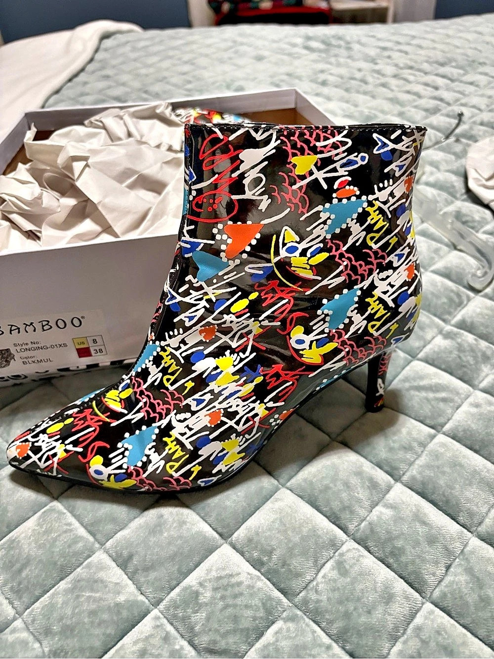 Bamboo Longing-01XS Abstract Ankle Boots Black & Multicolor US 8